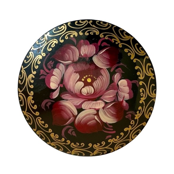 Vintage Jewelry - Vintage Signed Russian Floral Hand-Painted Wood Brooch